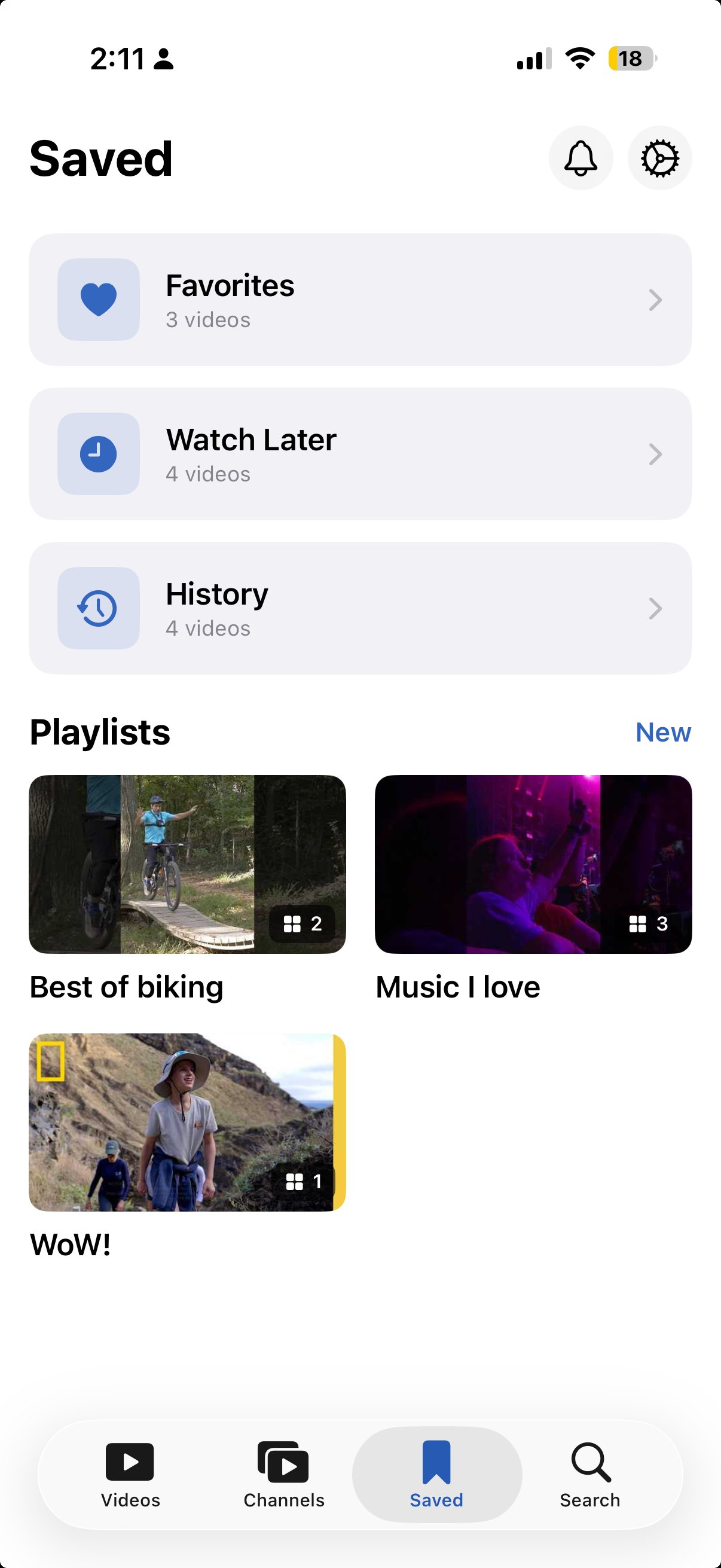 VideoFocus Saved tab with playlists