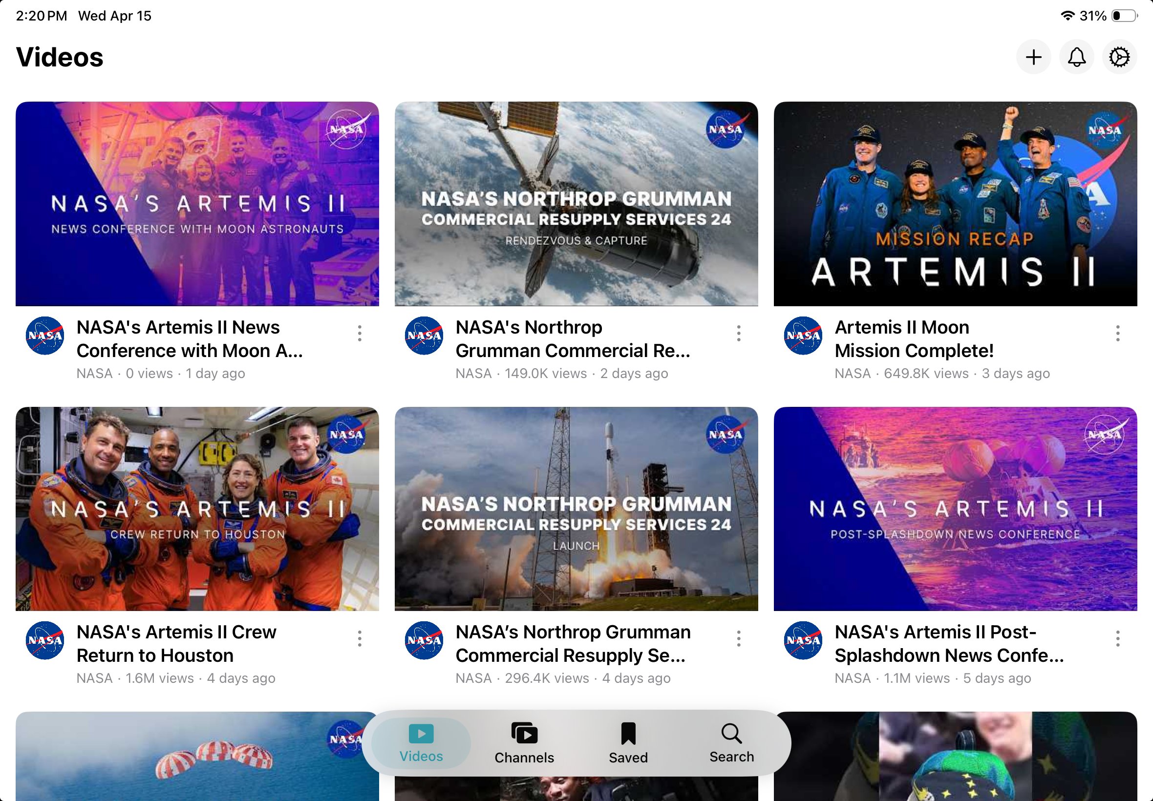 VideoFocus on iPad showing curated video grid