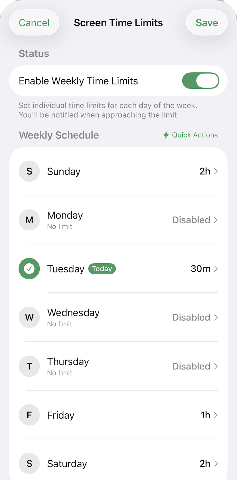 VideoFocus Screen Time Limits weekly schedule